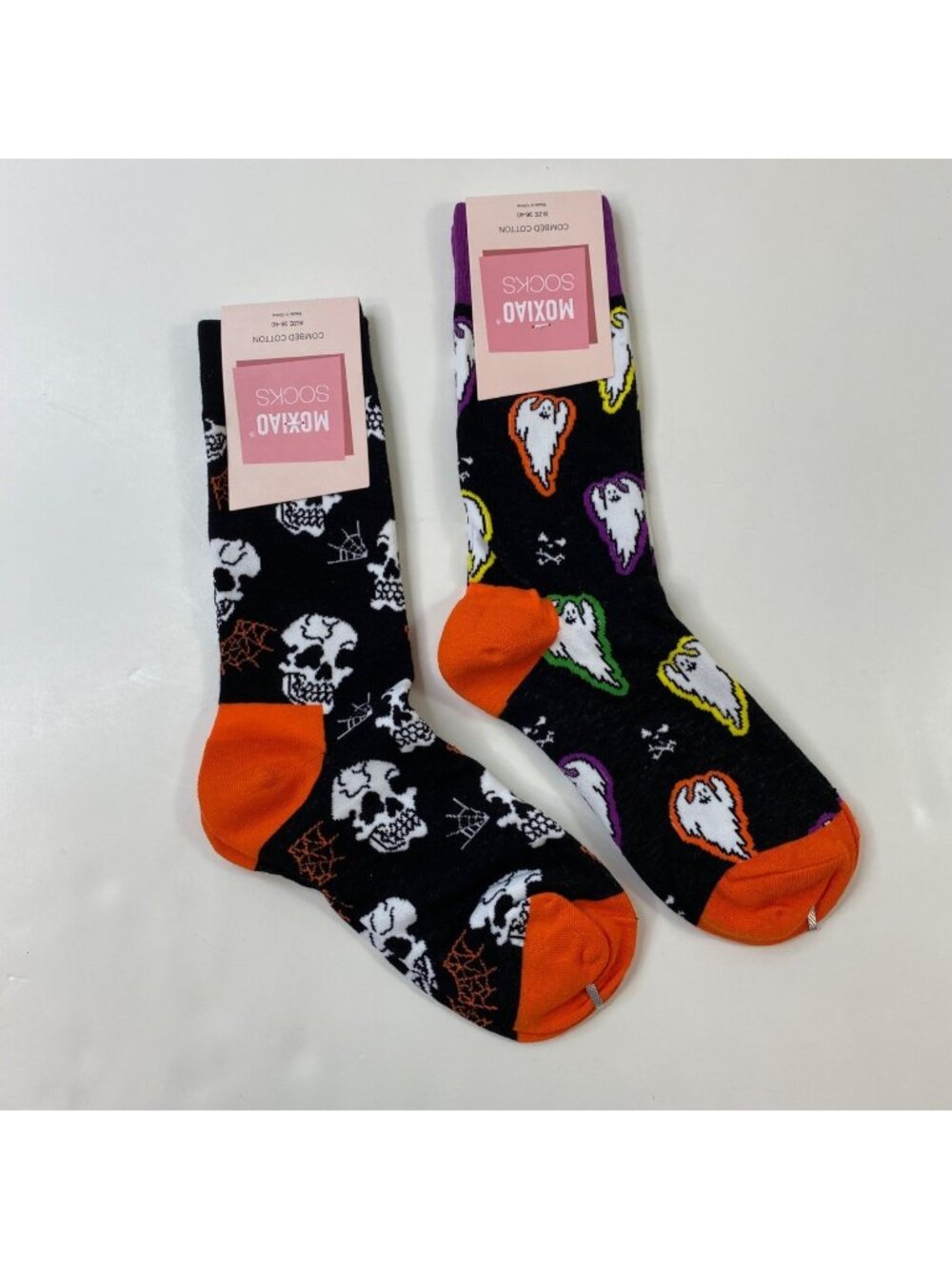 Womens Halloween Crew Socks 2 Pack Skulls Ghosts Pattern Black Orange